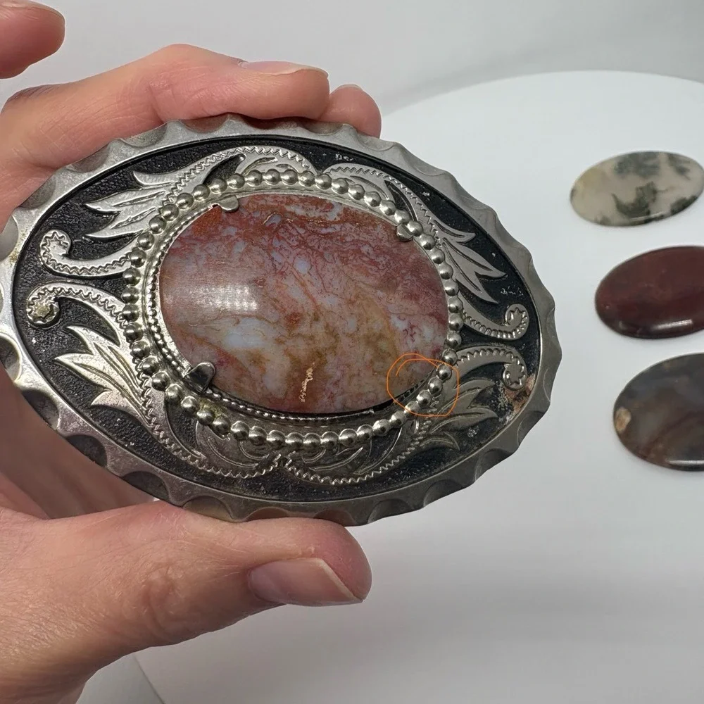 Western Interchangeable Stone Belt Buckle Silver Tone Agate‎ Jasper 3.5in